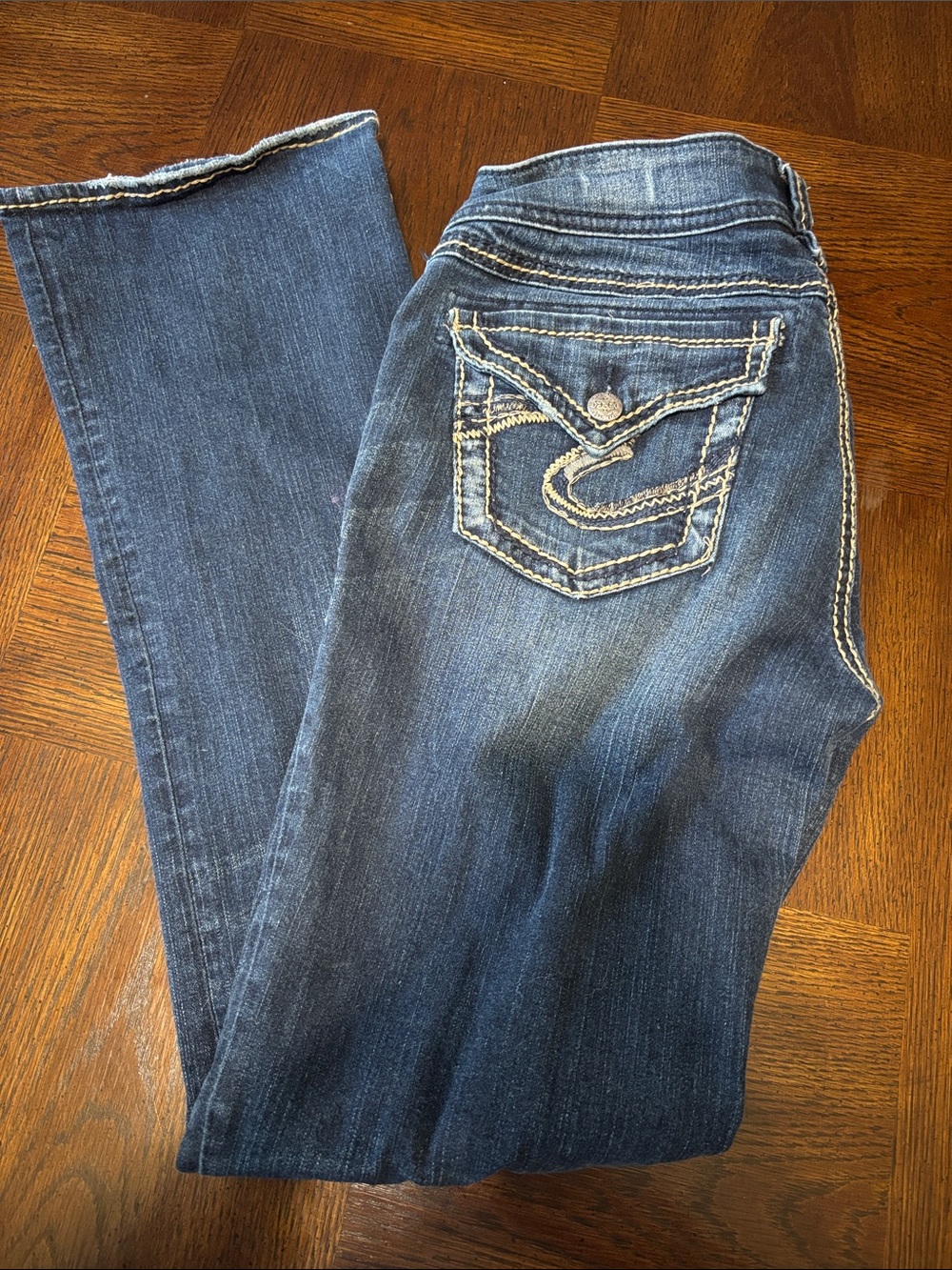 Silver Dark Blue Denim Jeans with Contrast Stitching